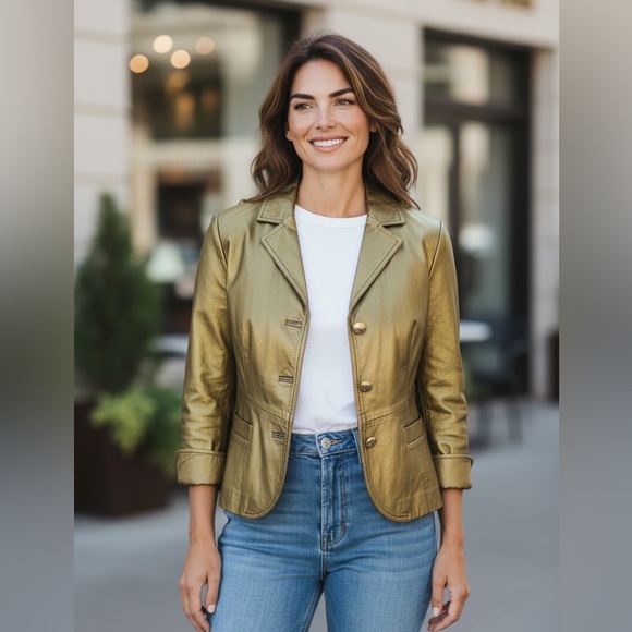 Terry Lewis Classic Luxuries Gold Shimmer Genuine Leather Jacket Large - Picture 8 of 9